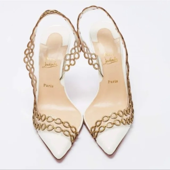 Christian Louboutin WhiteGold CircleP MALAIKA 100 PATENT Slingback Pumps EU 39 - Picture 3 of 9